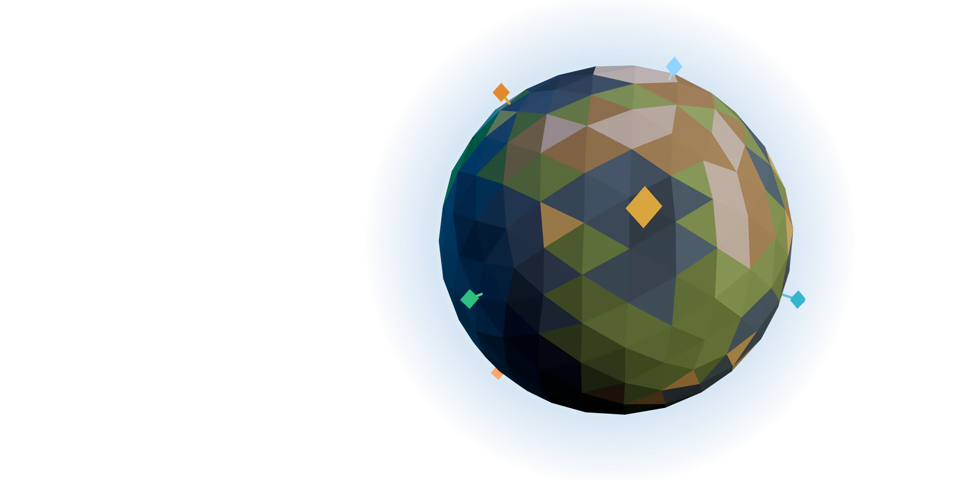 A low-poly Earth with ten coloured region markers.