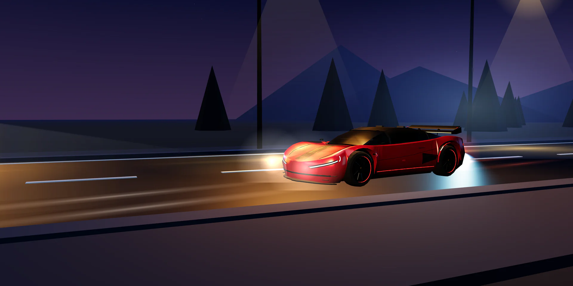 The Vantor Cougar, a red electric supercar, idling on a wet night road under sodium street lamps.